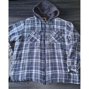 Outback Rider Mens Large Quilted Hooded Flannel Jacket Plaid Full Zip Blue Gray